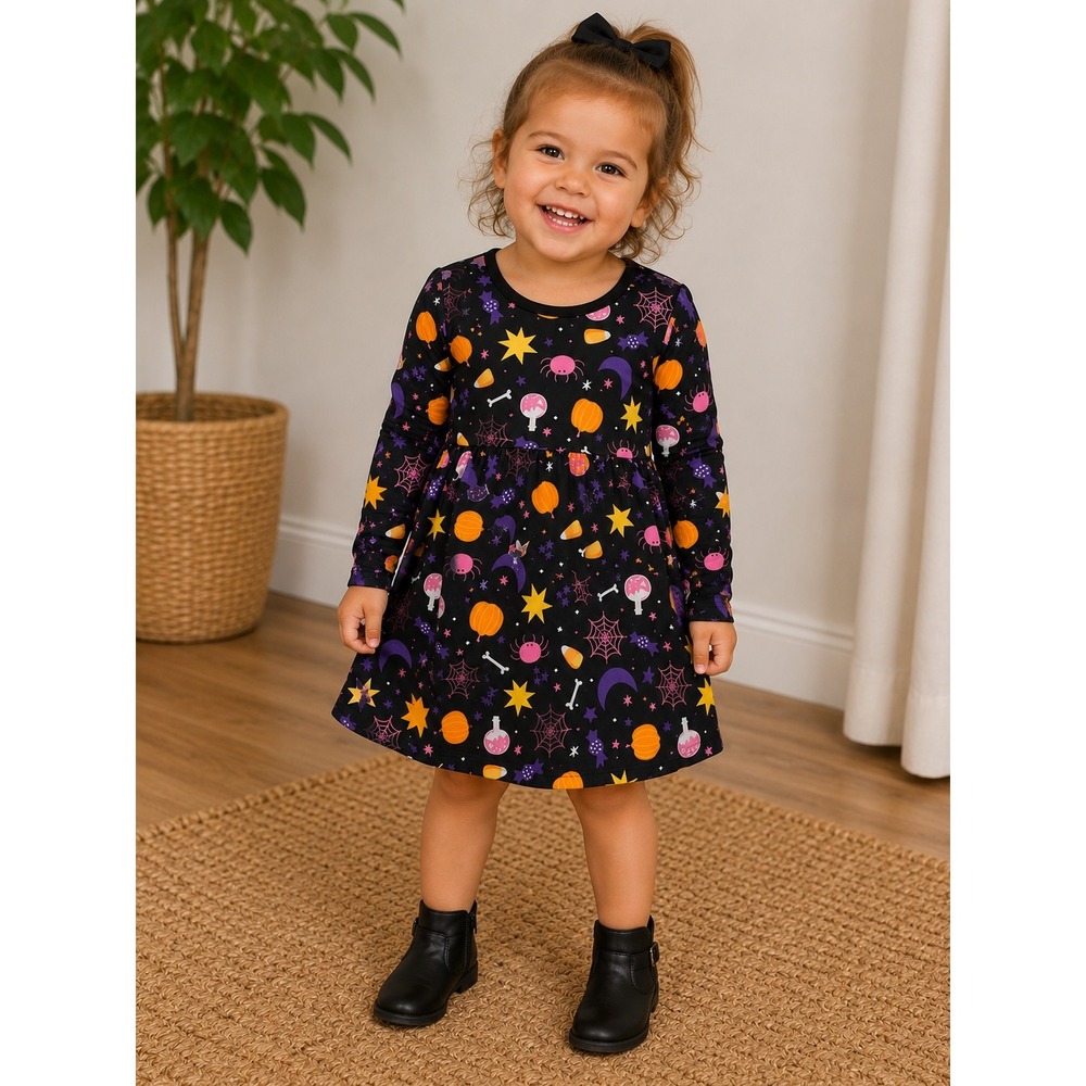 Girl 3T Black Orange Halloween Pumpkin Spiderweb Bow Long Sleeve Skater Dress